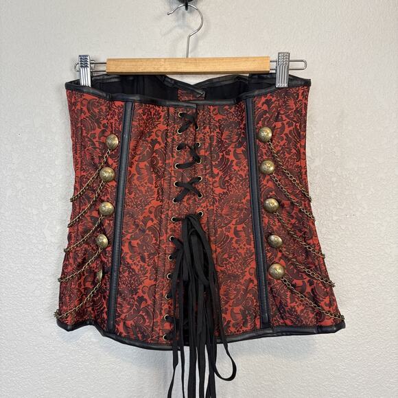Red Black Jacquard Brocade Steampunk Over Bust Boned Corset Brass Chains Buttons - Picture 4 of 6
